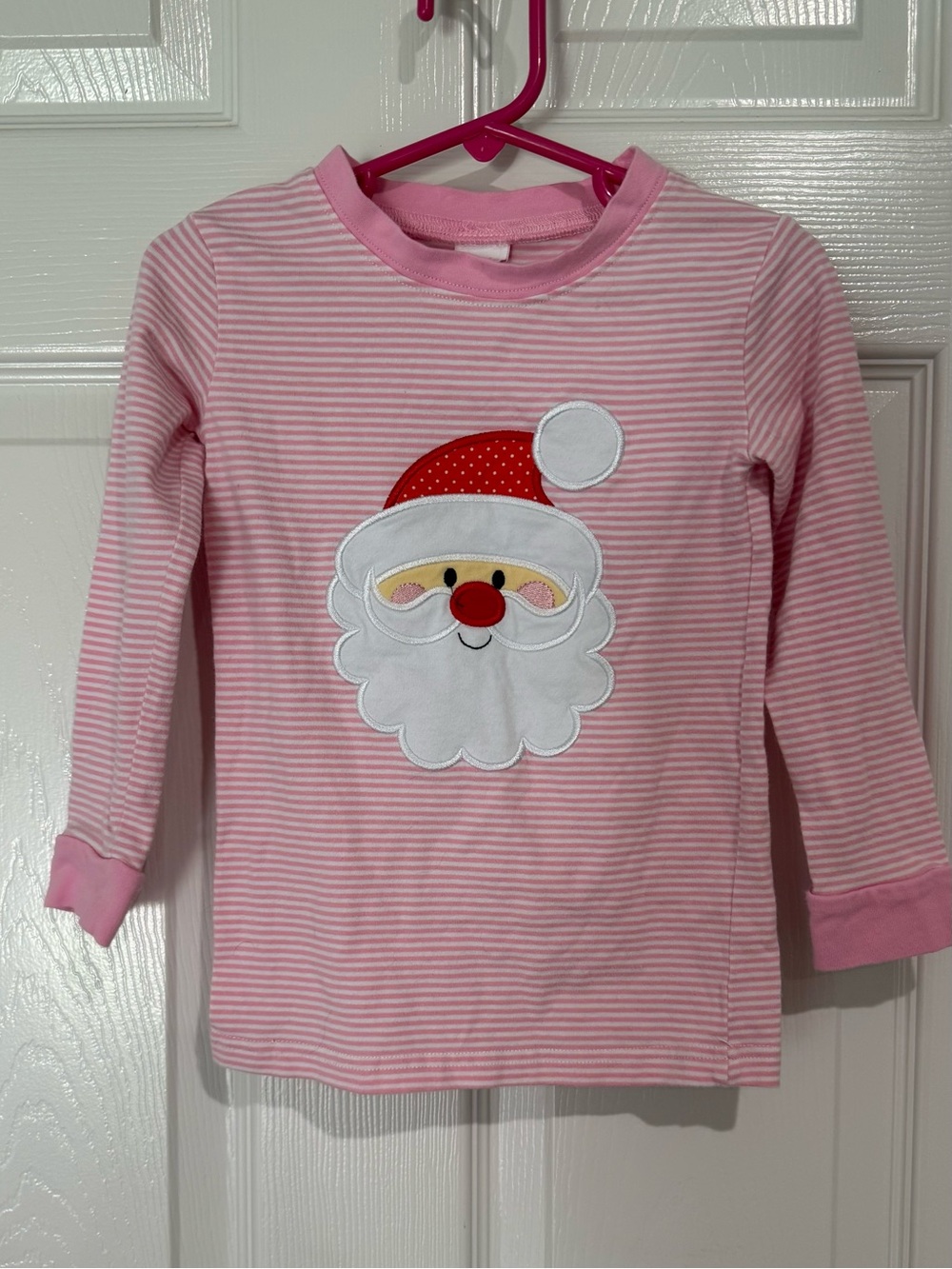 Girls' Pink Striped Santa Appliqué Long-Sleeve Tee